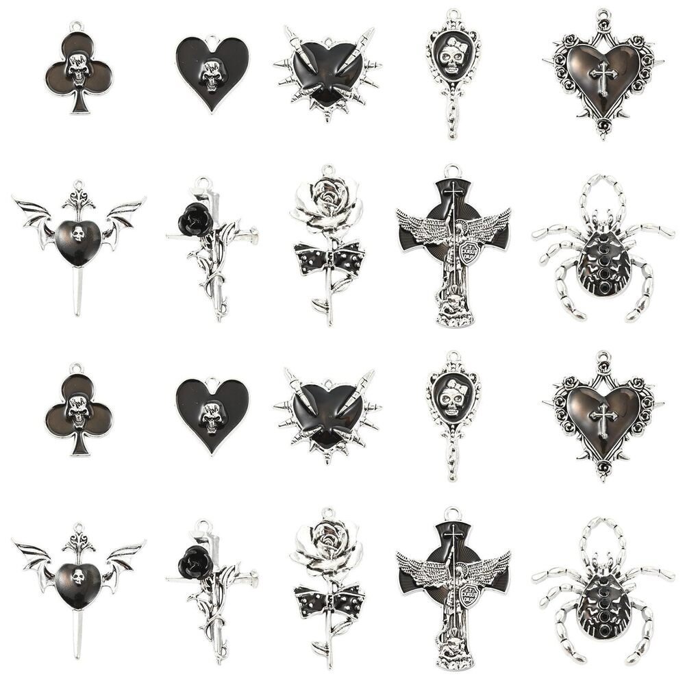 9595 20 pcs 10 Styles Alloy Gothic Theme Enamel Charms Black Scared Heart